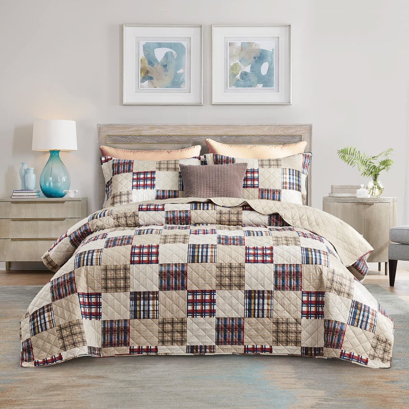 CHIXIN Plaid Quilt Queen Size - Classic Tartan Plaid Pattern - Lightweight Bedspread Coverlet Set, Country Patchwork Bedding Cover for All Season, 3 Piece, Beige - Image 2